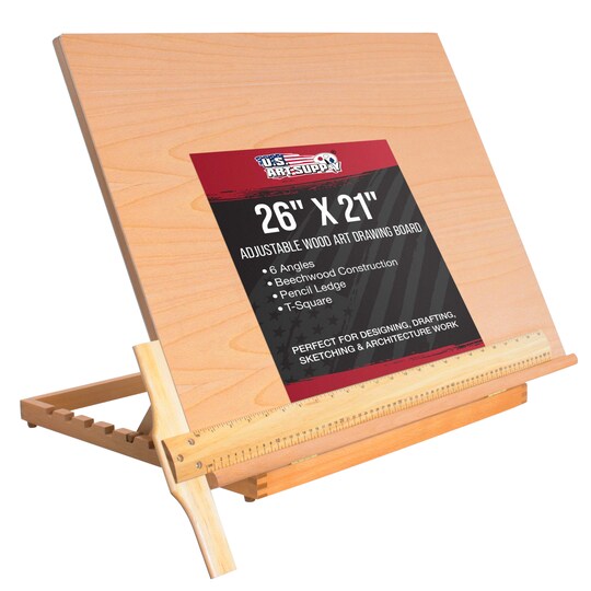 U.S. Art Supply; X-Large 26" x 21" Wooden Drawing Board, Adjustable Table Top Easel for Painting and Drawing - Drafting Board with T-Square, Pencil Ledge; Category:Drawing & Sketching Boards; Image:1